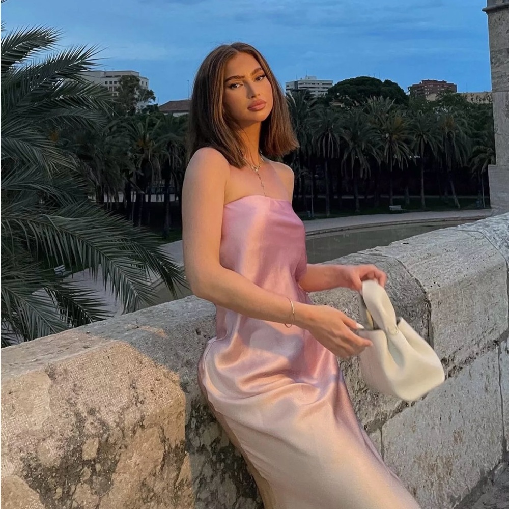 Zara Pink Satin Strapless Slip Dress - Picture 4 of 13